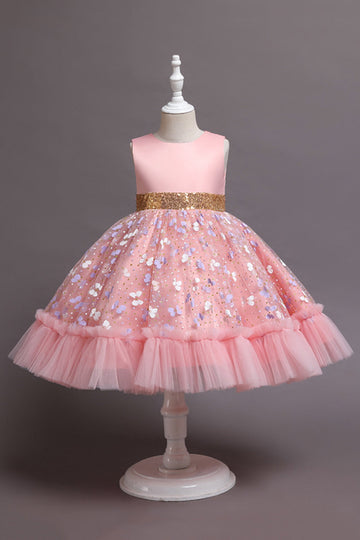 A Line Jewel Neck Pink Girls Party Dress with Appliques